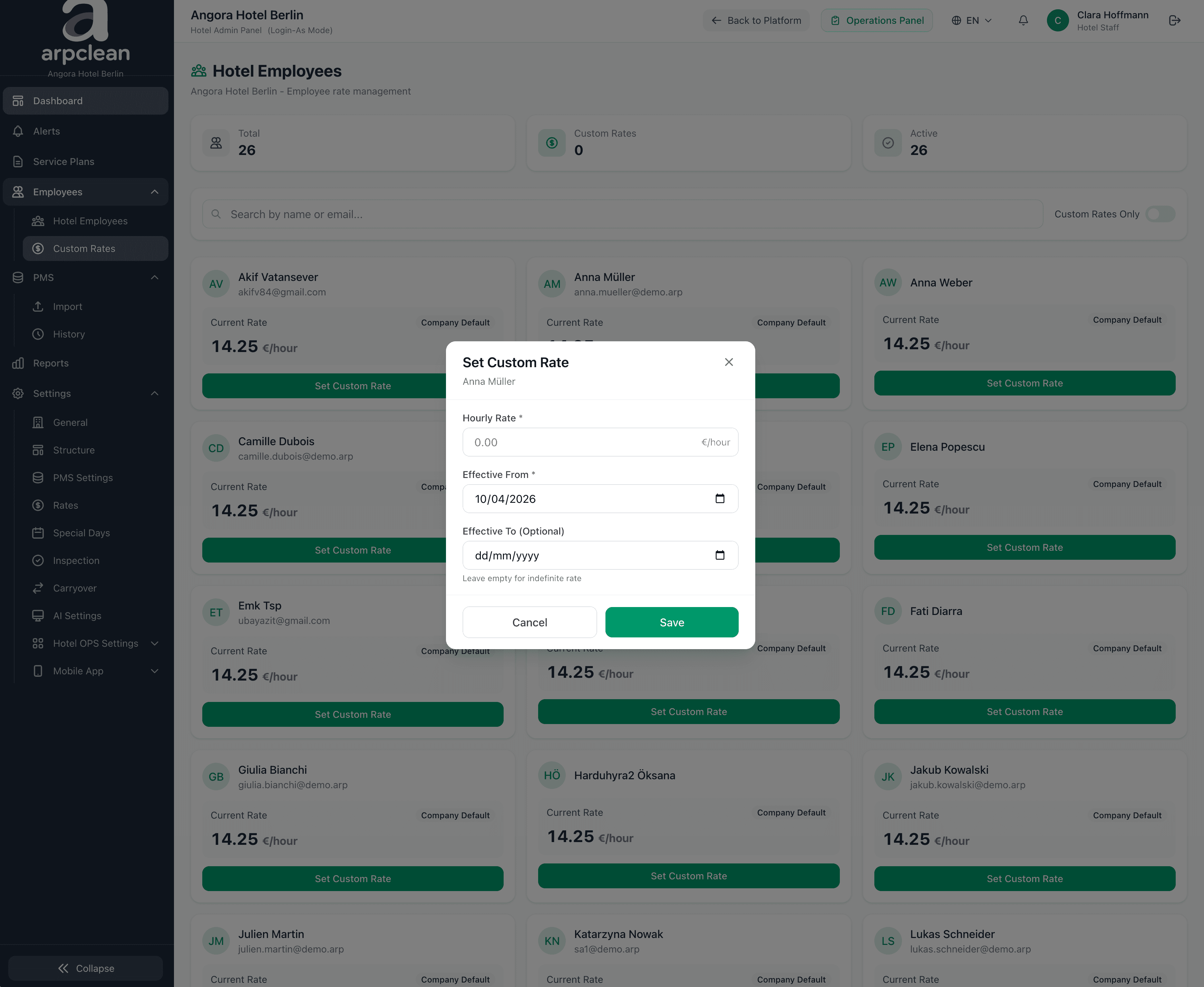 ARPCLEAN custom rates configuration with per-hour rate modal open