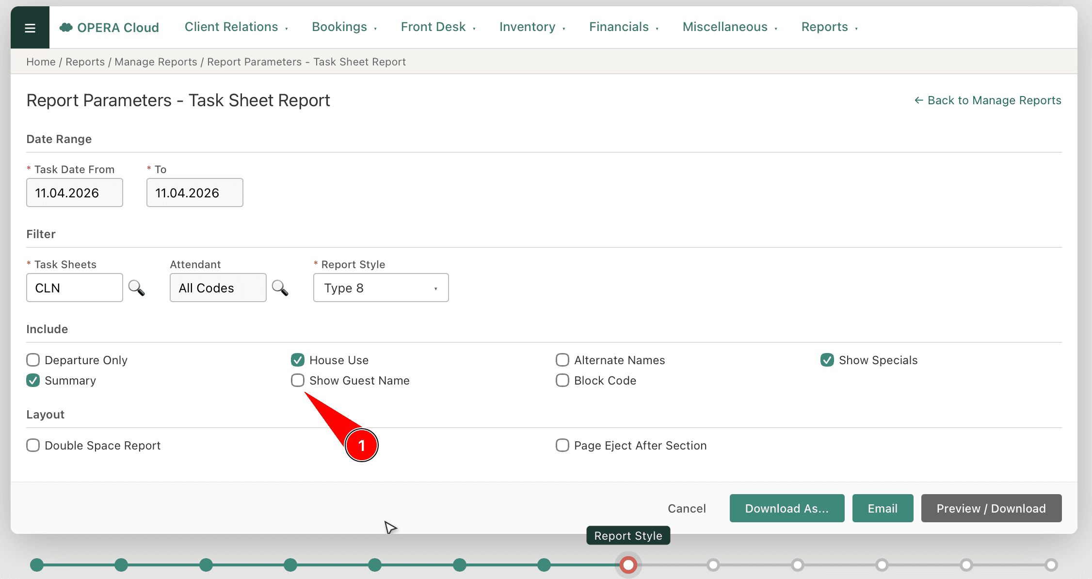 Opera Cloud, the Task Sheet Report parameter screen. In the "Include" block, the "Show Guest Name" checkbox is not ticked.