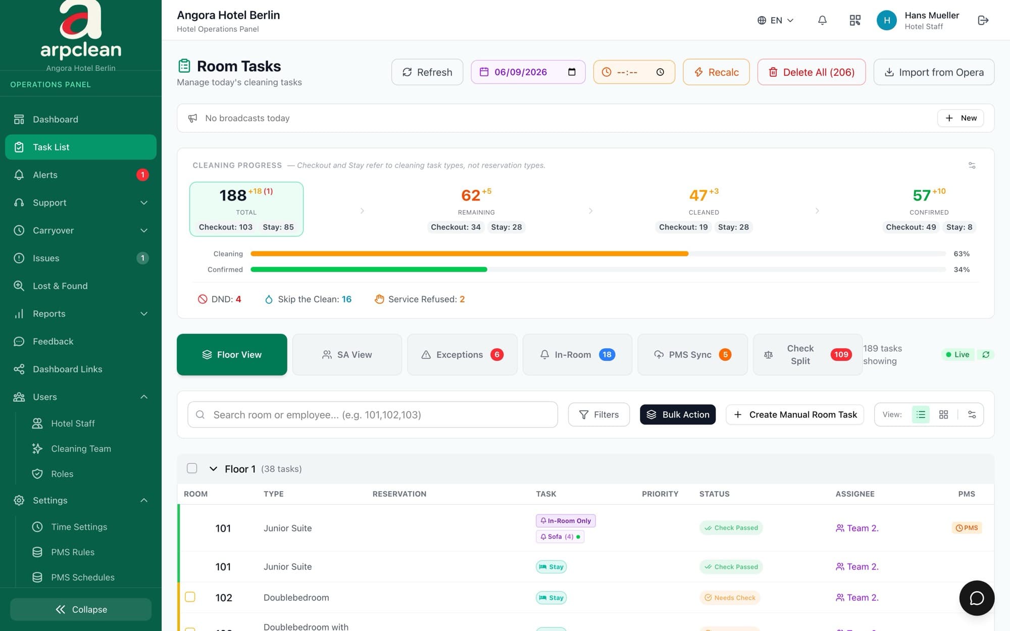 Hotel Ops room tasks, live