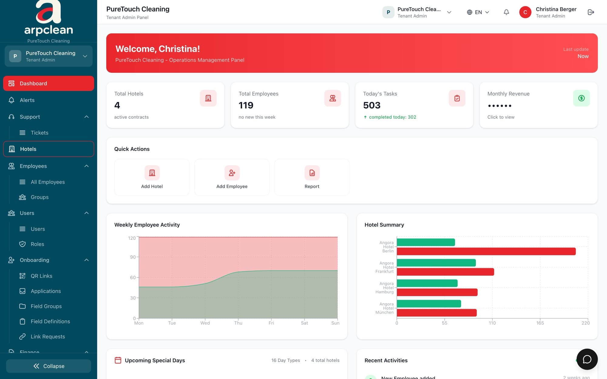 Cleaning company dashboard across all hotels