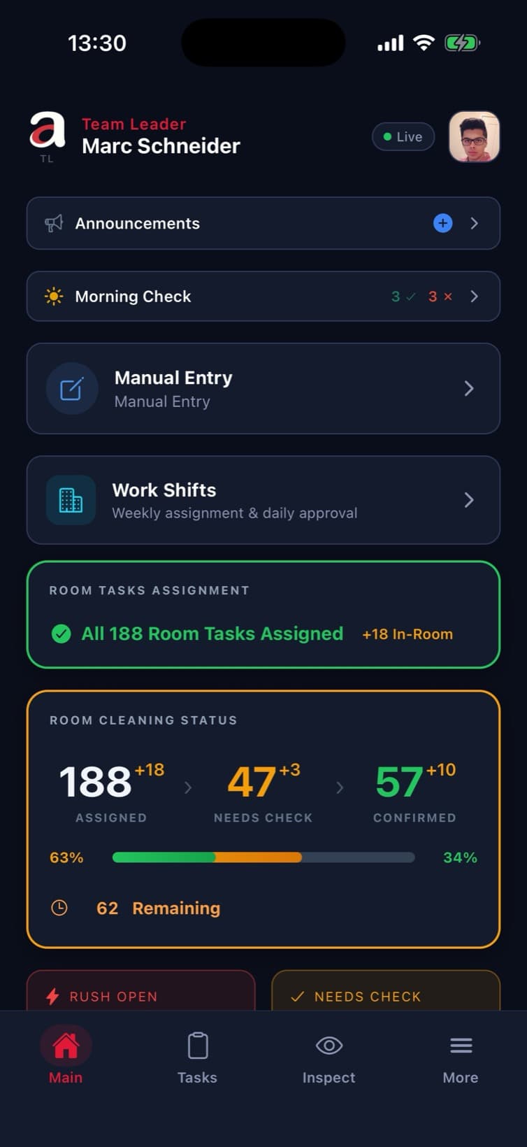 Team leader home screen