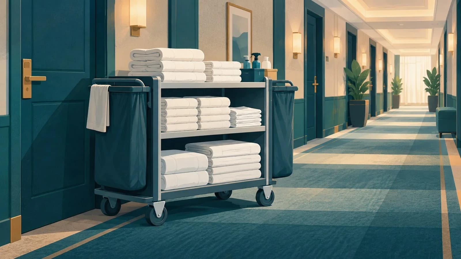 A hotel housekeeping cart with folded towels and fresh linen parked in a bright hotel corridor.