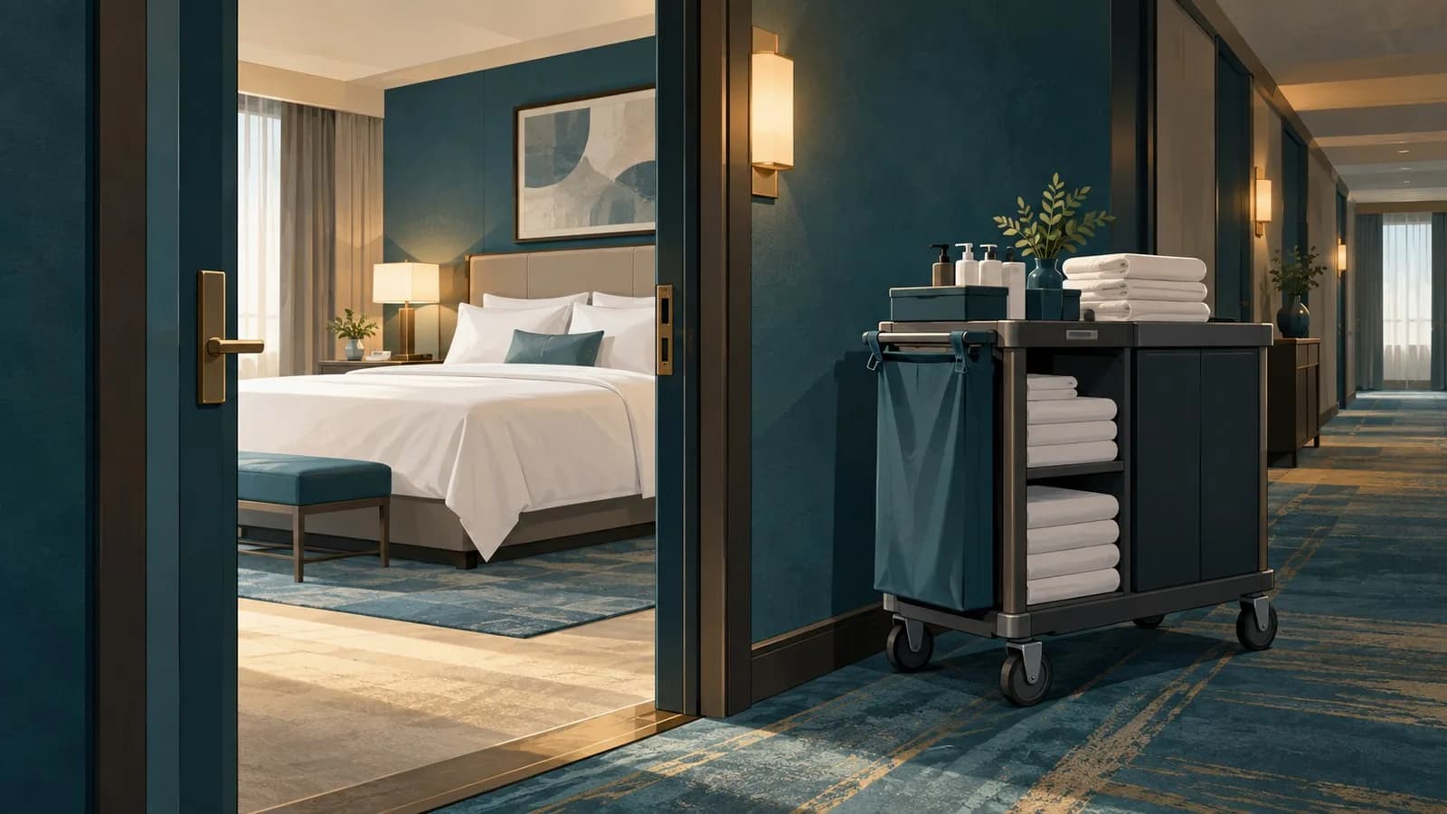 Ordentlich gemachtes Hotelbett mit frischer Bettwäsche, daneben ein Reinigungswagen auf dem Hotelflur