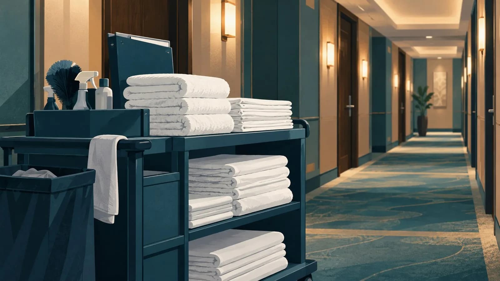 Gefalteter Wäschestapel und Reinigungswagen in einem Hotelflur
