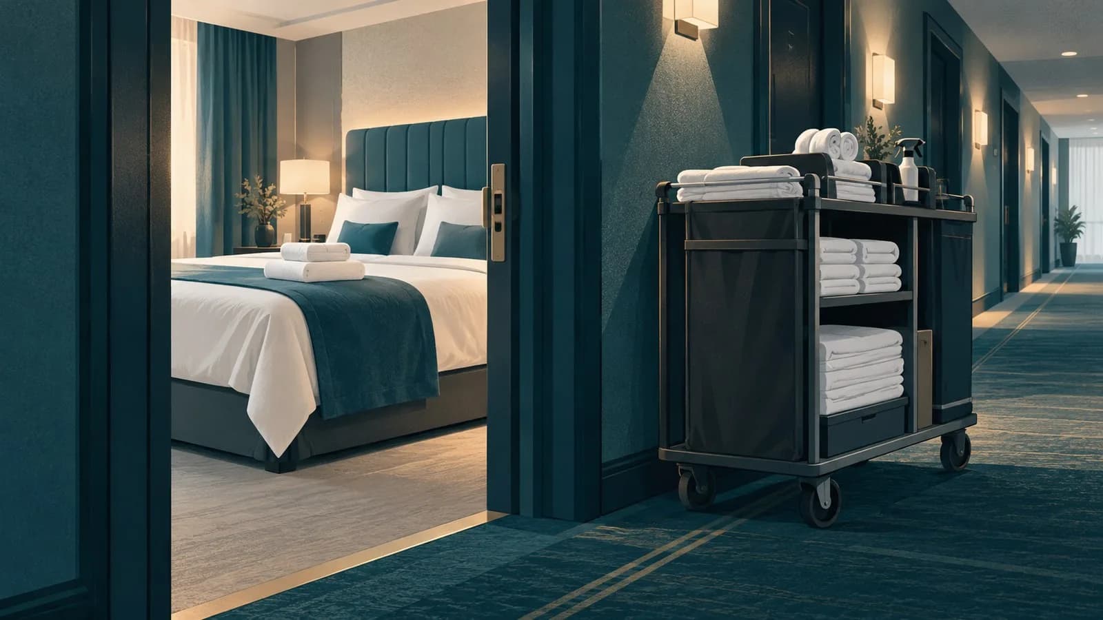 Frisch gemachtes Hotelbett mit gefalteten Handtüchern neben einem Housekeeping-Wagen im Hotelflur