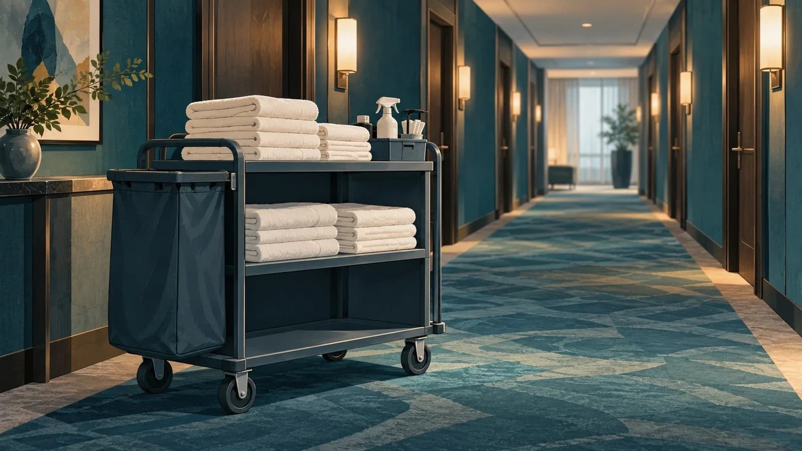 Leerer Reinigungswagen mit gefalteten Handtüchern auf einem Hotelflur