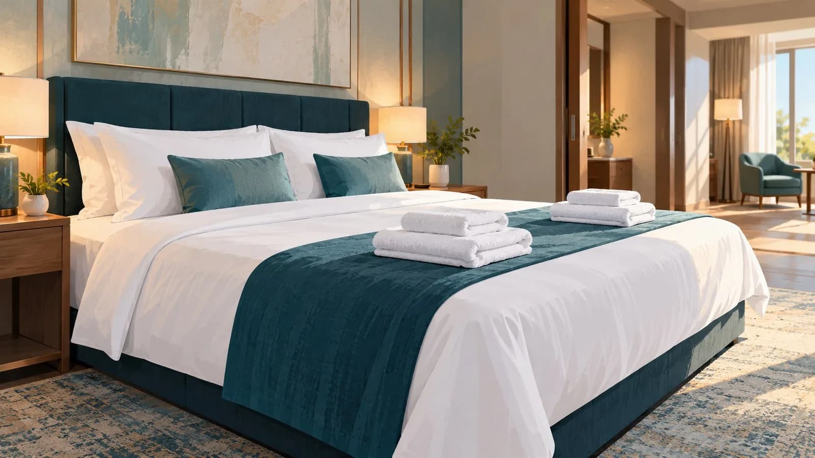 Frisch bezogenes Hotelbett mit gefalteten Handtüchern in einem hellen Hotelzimmer