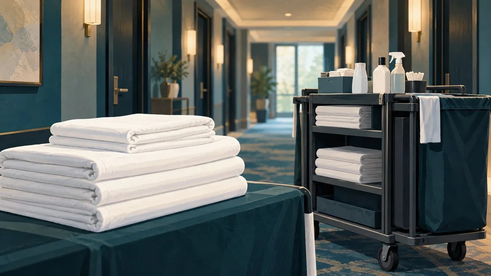 Gefalteter Wäschestapel und Reinigungswagen in einem Hotelflur
