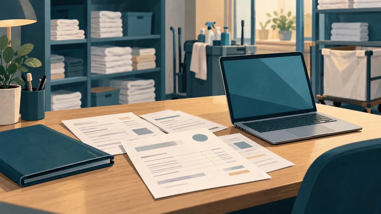 Rechnungsunterlagen und ein Laptop auf einem Schreibtisch im Hauswirtschaftsbüro eines Hotels