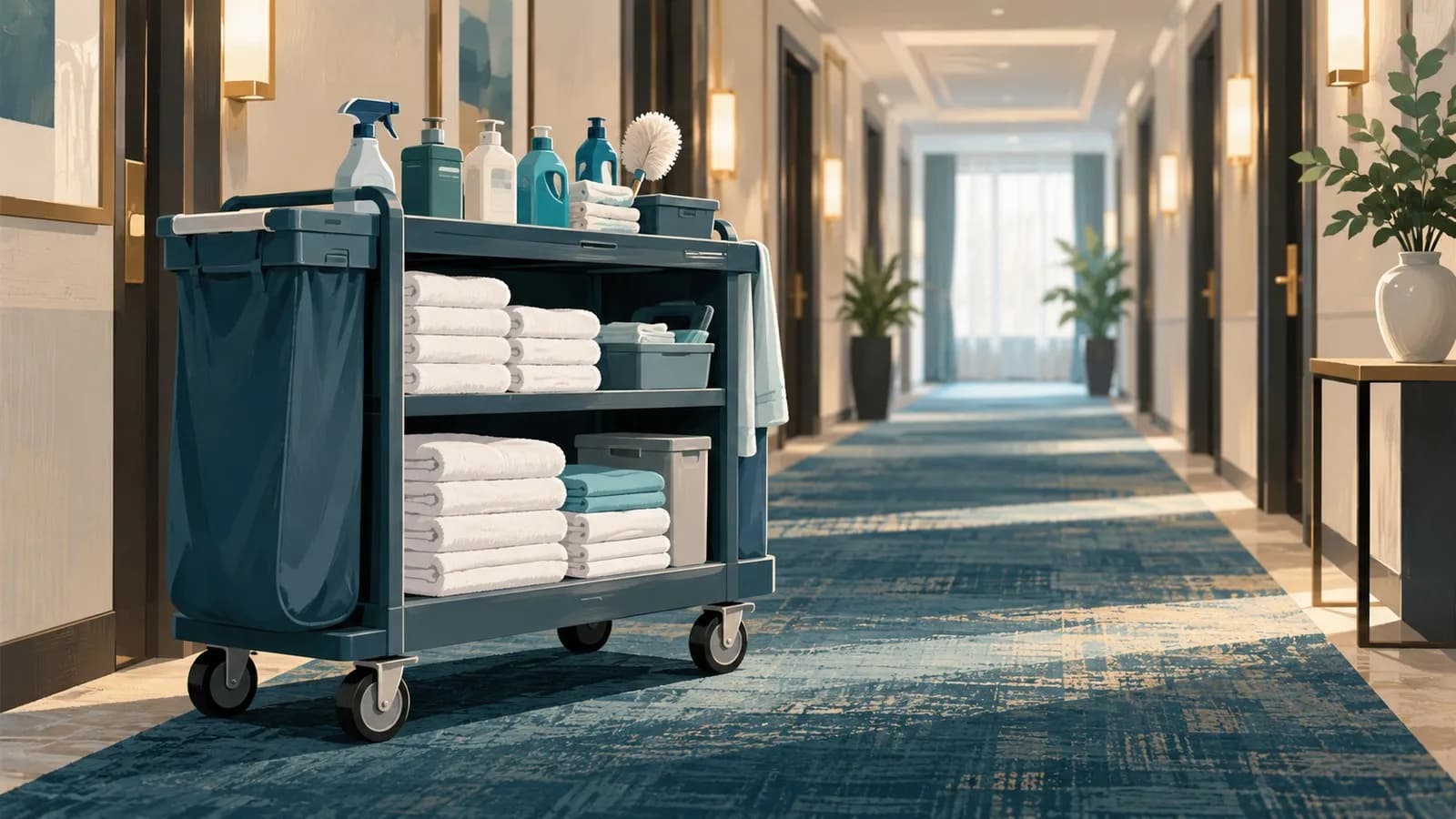 Reinigungswagen mit Putzmitteln und gefalteten Tüchern in einem hellen Hotelflur