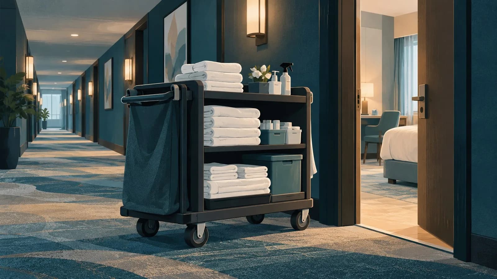 A housekeeping cart parked in a quiet hotel corridor beside an open guest room door