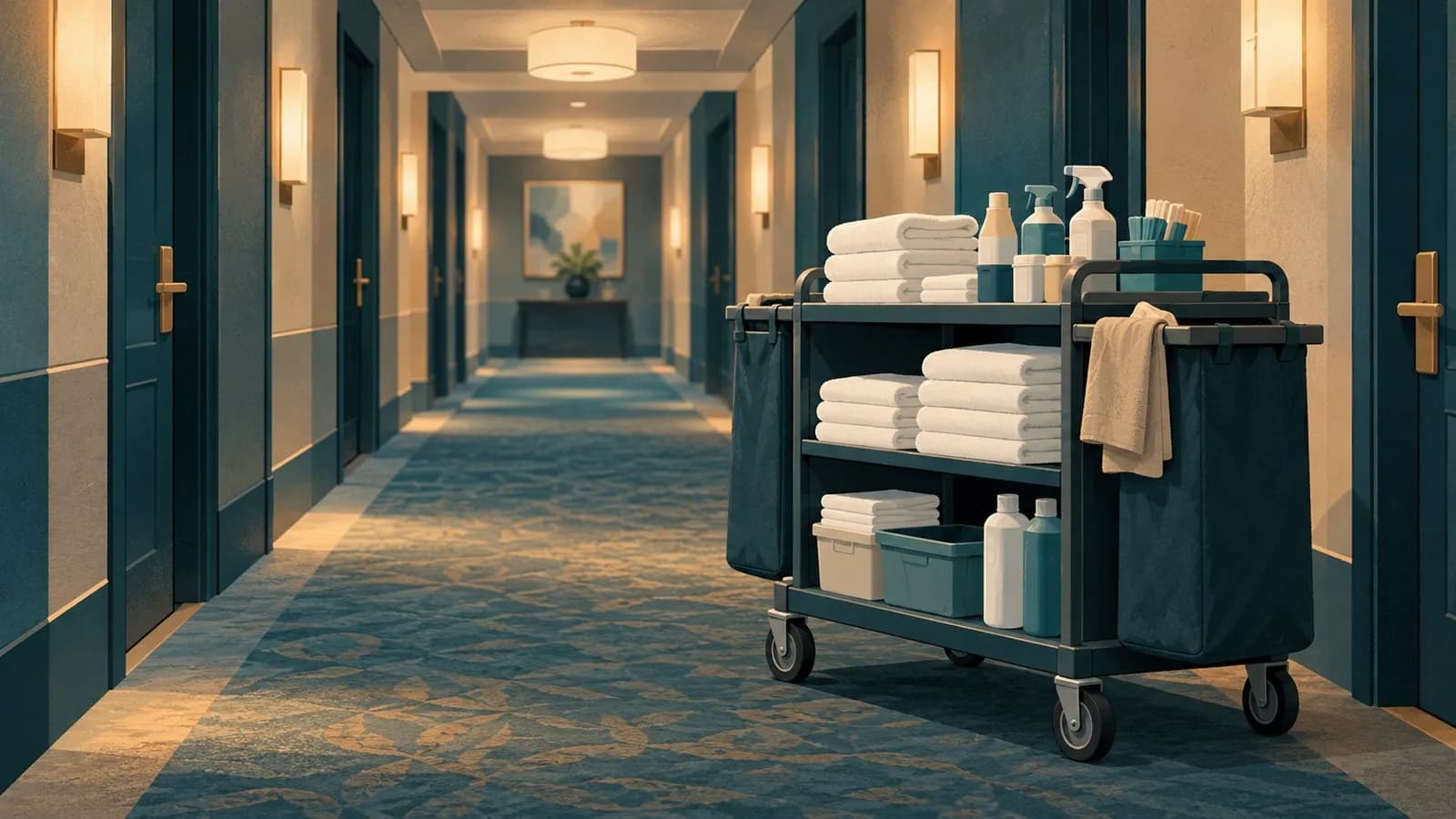 A housekeeping cart with folded towels and cleaning supplies parked in a hotel corridor