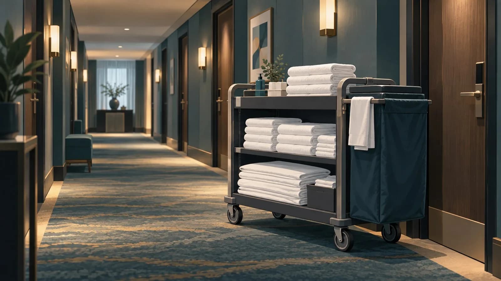 A housekeeping cart with folded towels and fresh linen parked in a hotel corridor