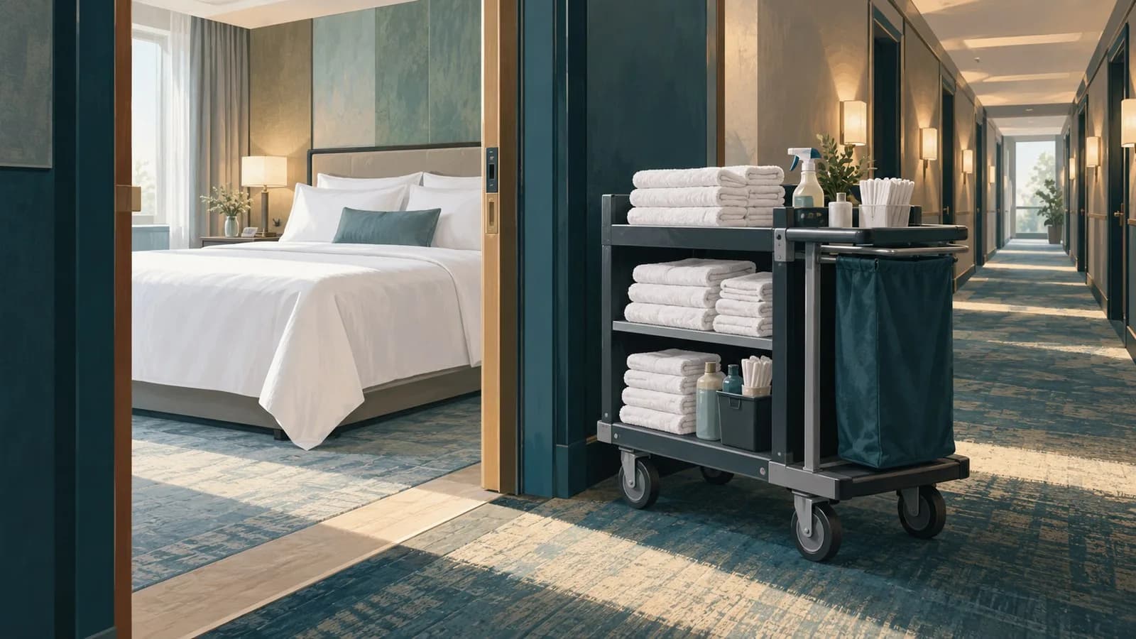 A made hotel bed with fresh white linen next to a housekeeping cart in a hotel corridor