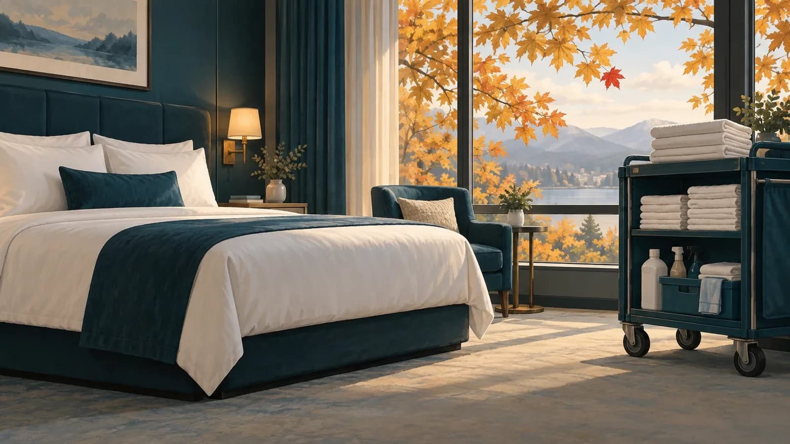 Freshly made hotel room with a housekeeping cart and autumn maple leaves outside the window