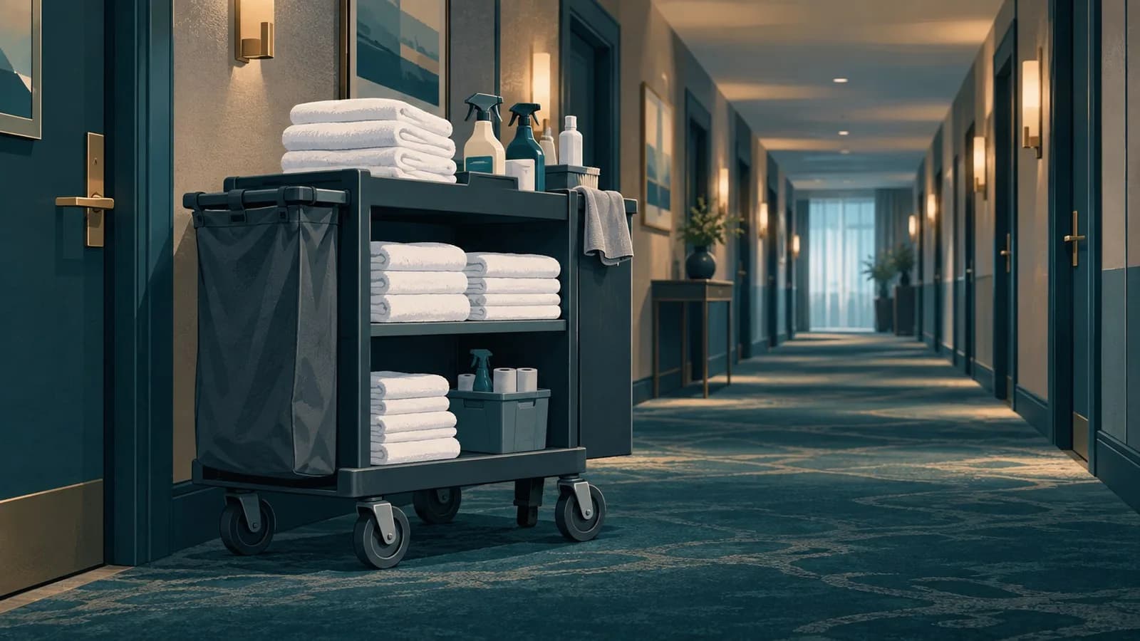 A housekeeping cart with folded towels and cleaning supplies parked in a hotel corridor