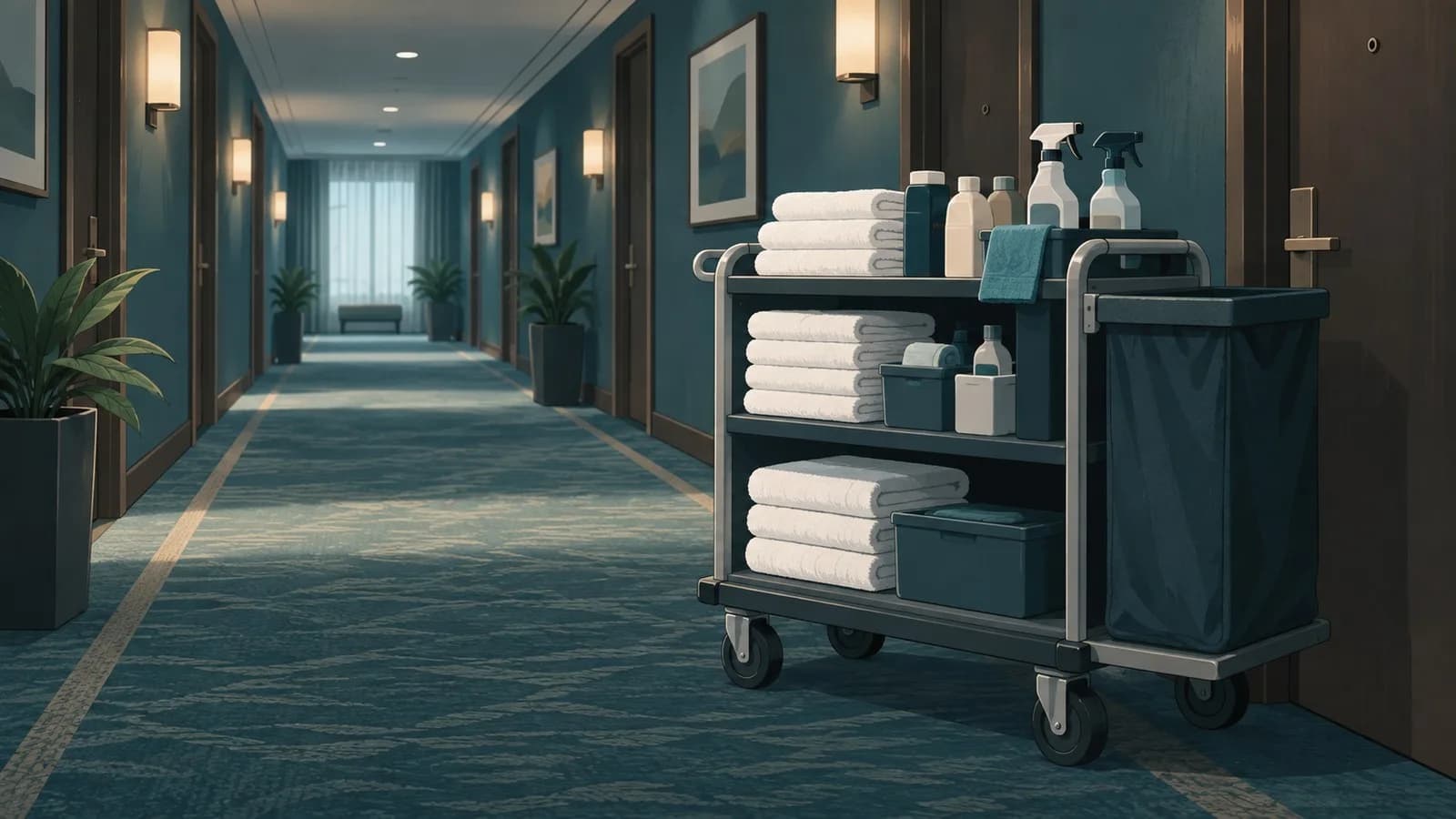 Housekeeping cart with folded towels and cleaning supplies in an empty hotel corridor