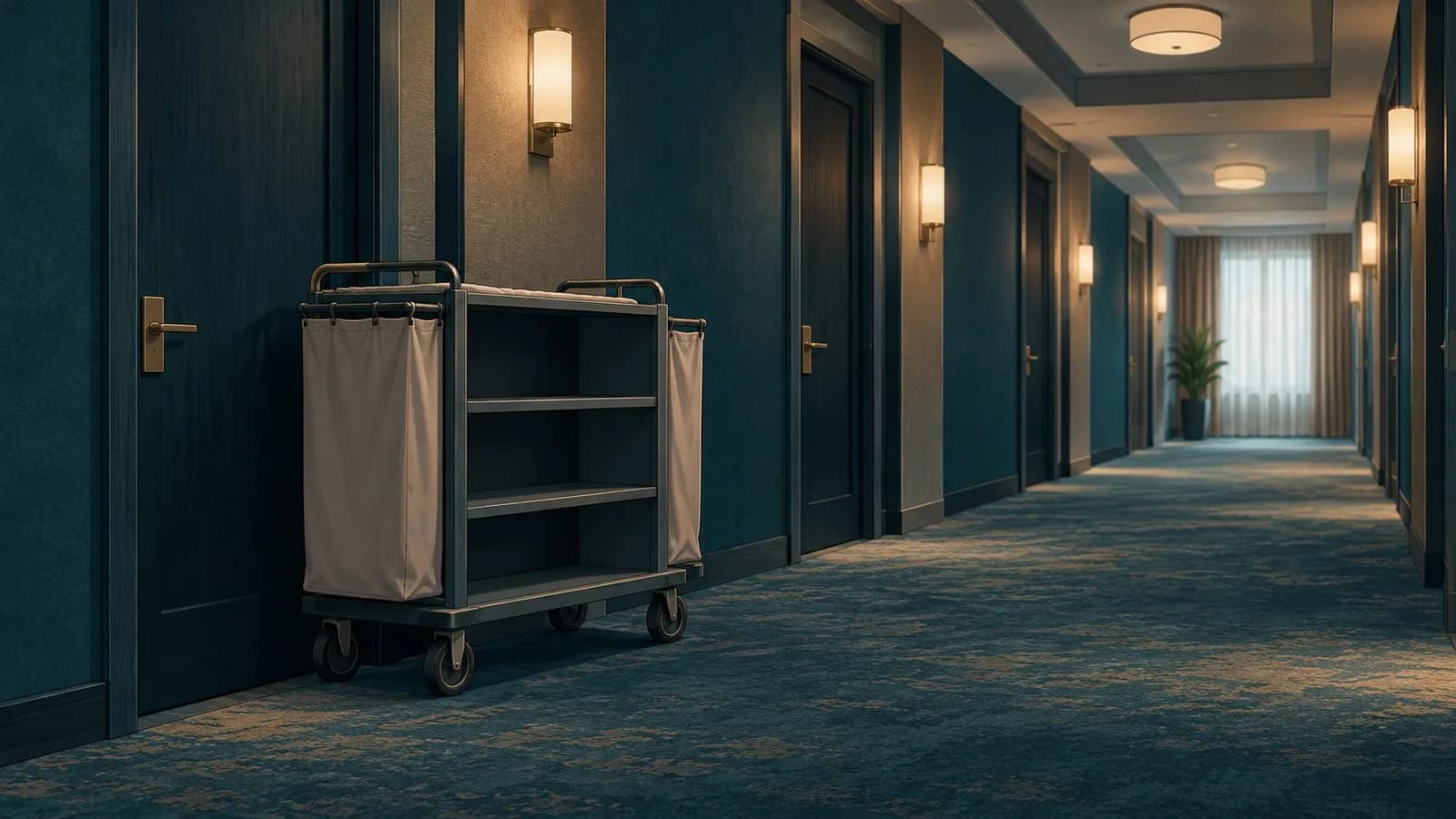 An empty housekeeping cart parked in a quiet hotel corridor next to closed guest room doors