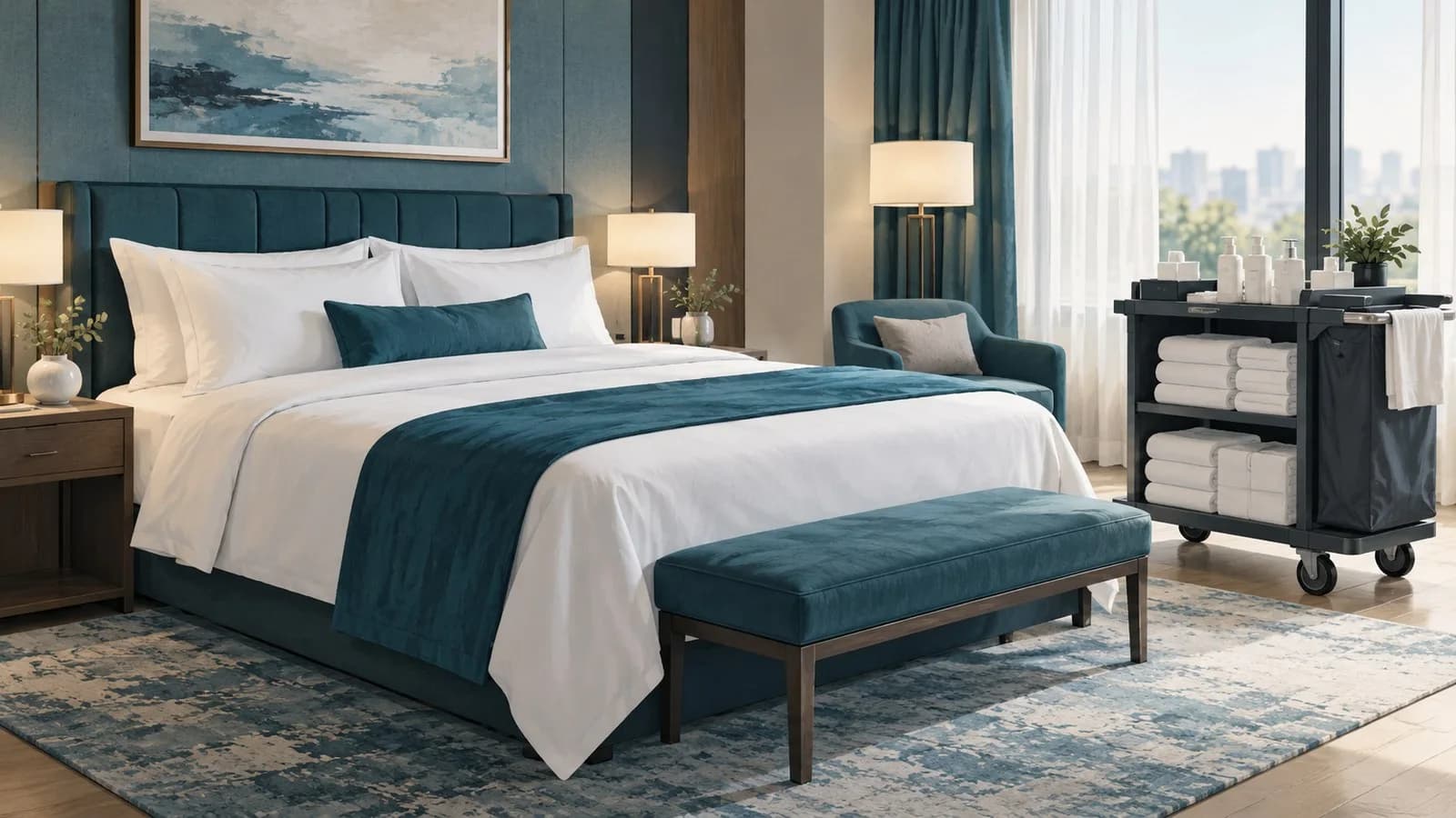 Ordentlich gemachtes Hotelbett mit frischer Bettwäsche und einem Reinigungswagen im Zimmer
