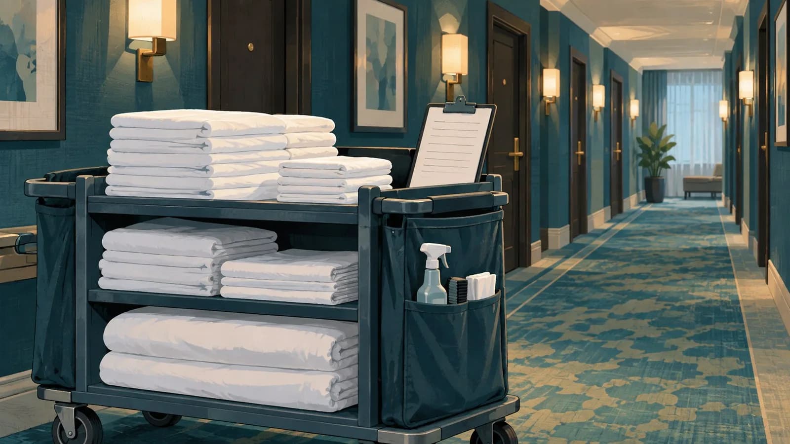 Housekeeping-Wagen mit gefalteter Bettwäsche auf einem Hotelflur, daneben ein Klemmbrett mit Zimmerliste