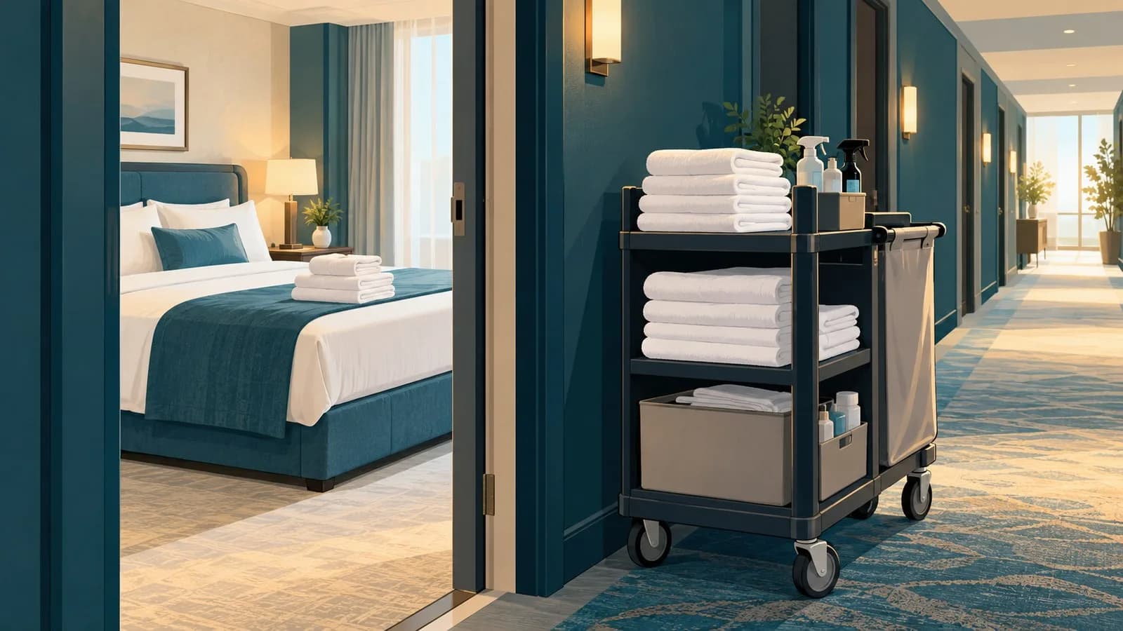 A freshly made hotel bed with folded towels and a housekeeping cart parked in a bright corridor