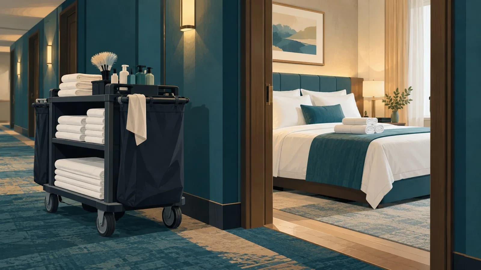 Gemachtes Hotelbett mit gefalteten Handtüchern und einem Reinigungswagen im Flur