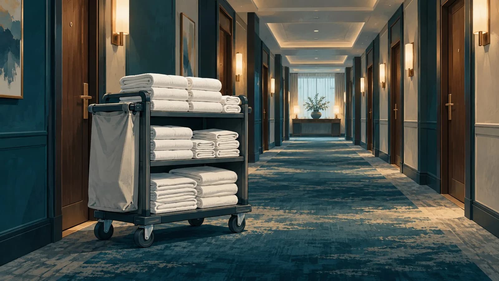 A housekeeping cart with folded towels and linen parked in an empty hotel corridor