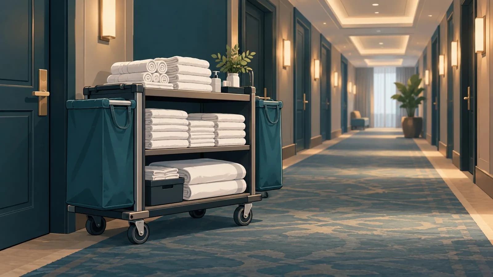 A housekeeping cart with folded towels and linen parked in a hotel corridor
