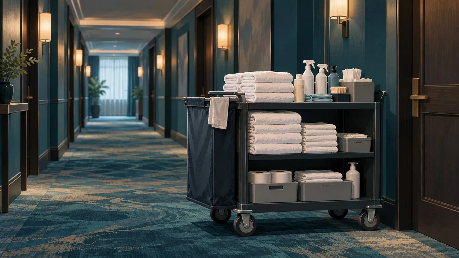 Hotel housekeeping cart with folded towels and cleaning supplies parked in a hotel corridor
