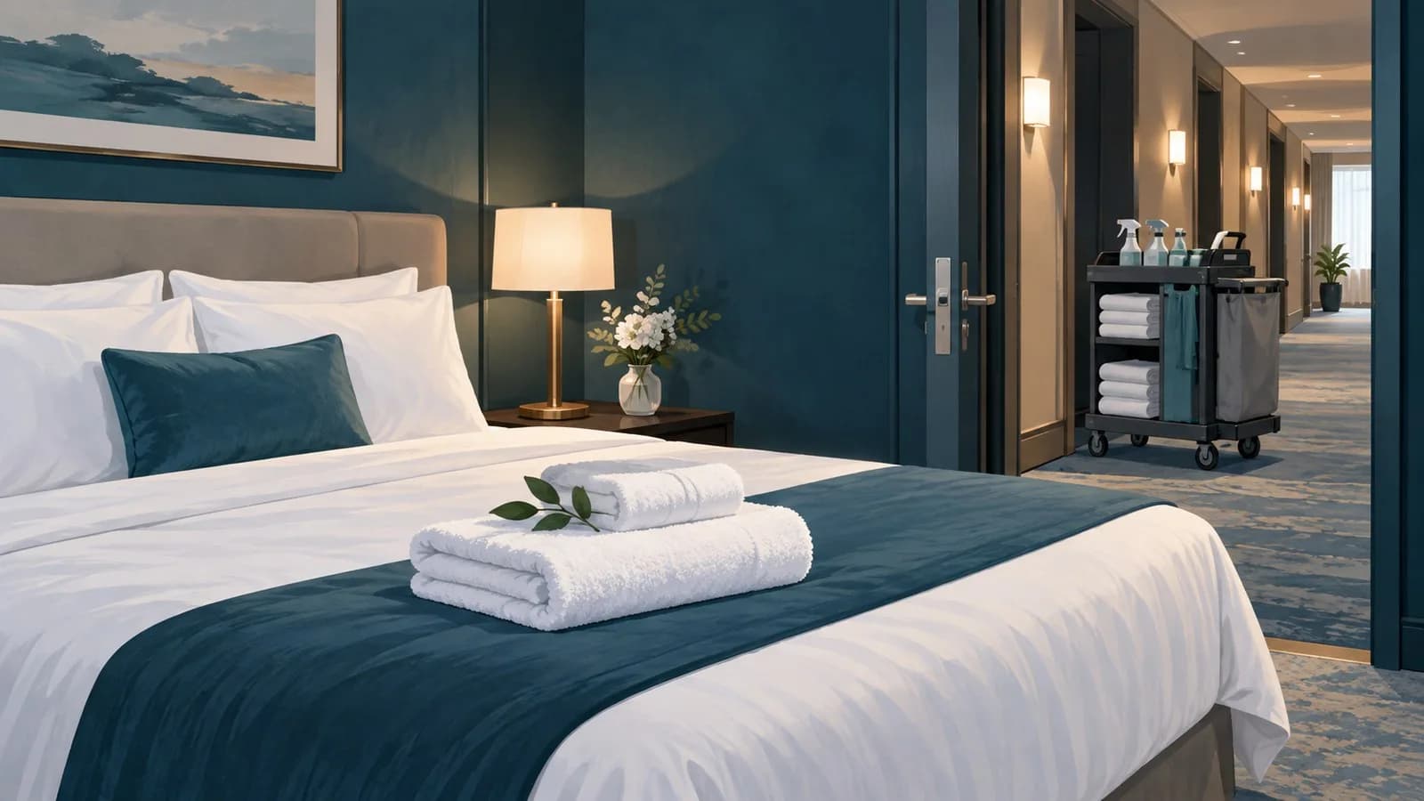 Frisch gemachtes Hotelbett mit gefalteten Handtüchern und einem Reinigungswagen im Flur