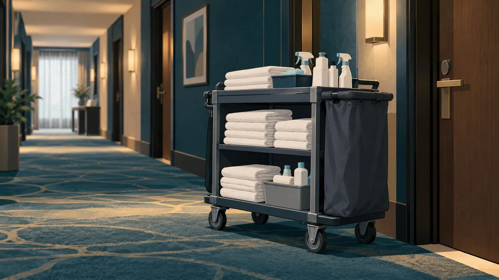 A housekeeping cart with folded towels and cleaning supplies parked in a hotel corridor