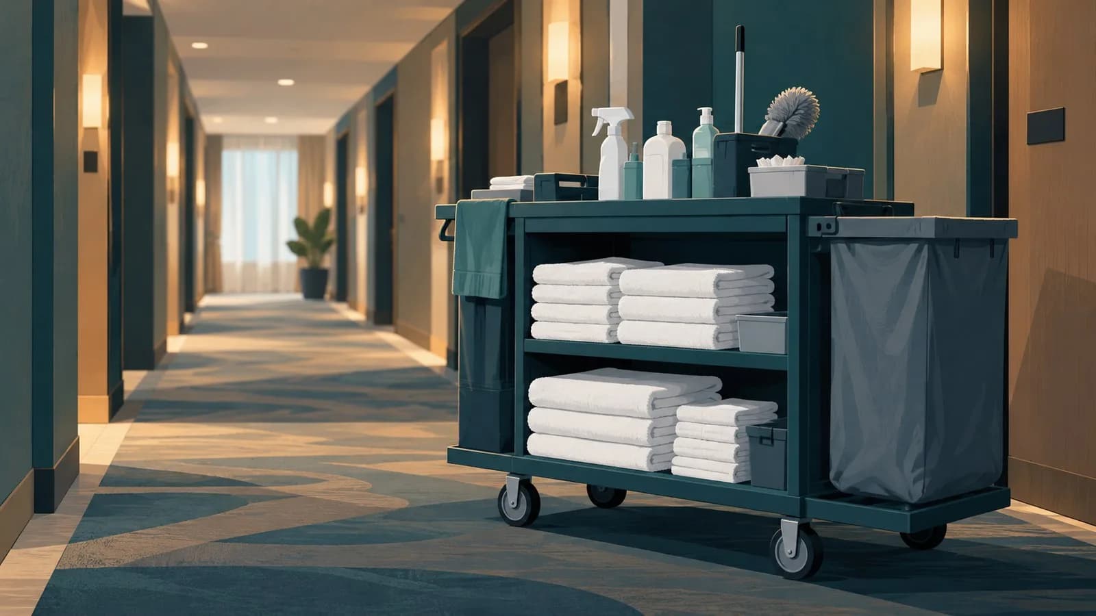 Reinigungswagen mit Handtüchern und Reinigungsmitteln im Flur eines Hotels