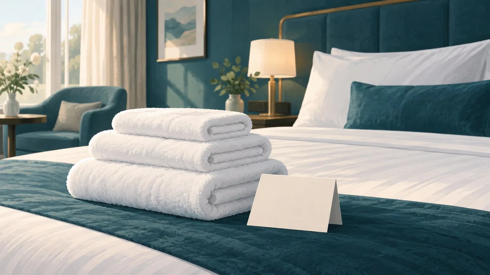 Folded white towels and a small card on a neatly made hotel bed