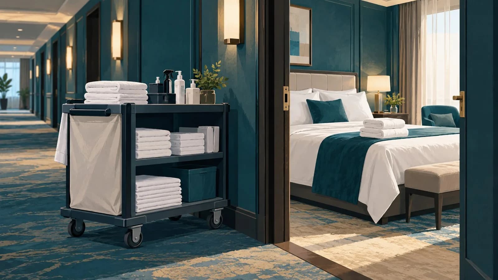 Frisch gemachtes Hotelbett mit gefalteten Handtüchern neben einem Housekeeping-Wagen im Hotelflur
