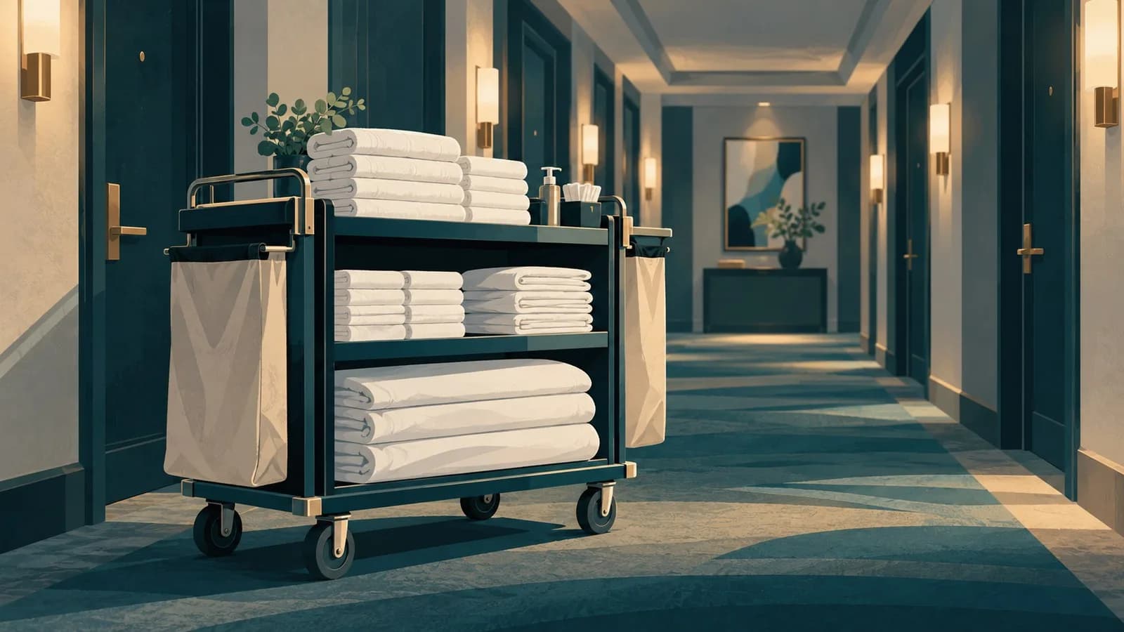 A hotel housekeeping cart with folded towels and fresh linen parked in a quiet hotel corridor