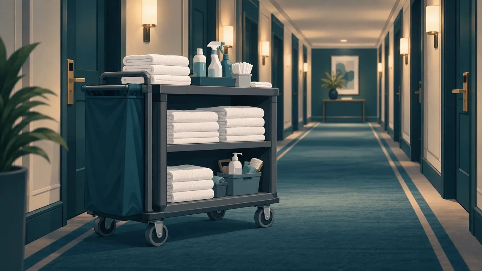 A housekeeping cart with folded towels and cleaning supplies parked in a hotel corridor