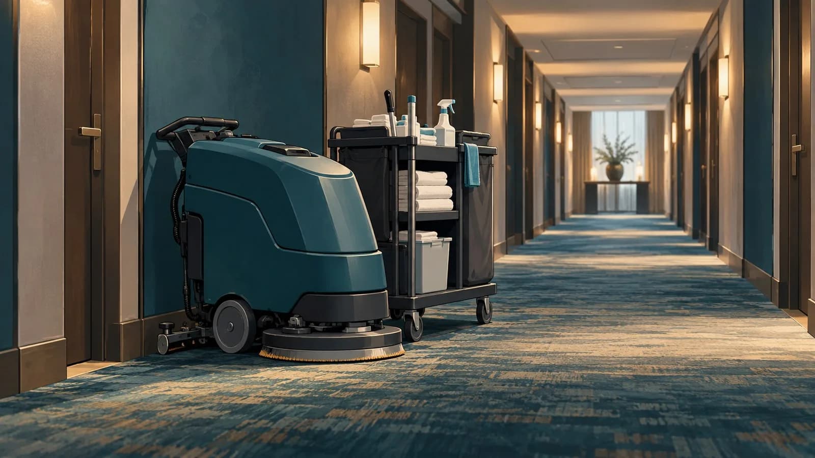 A floor scrubbing machine parked in an empty hotel corridor next to a housekeeping cart