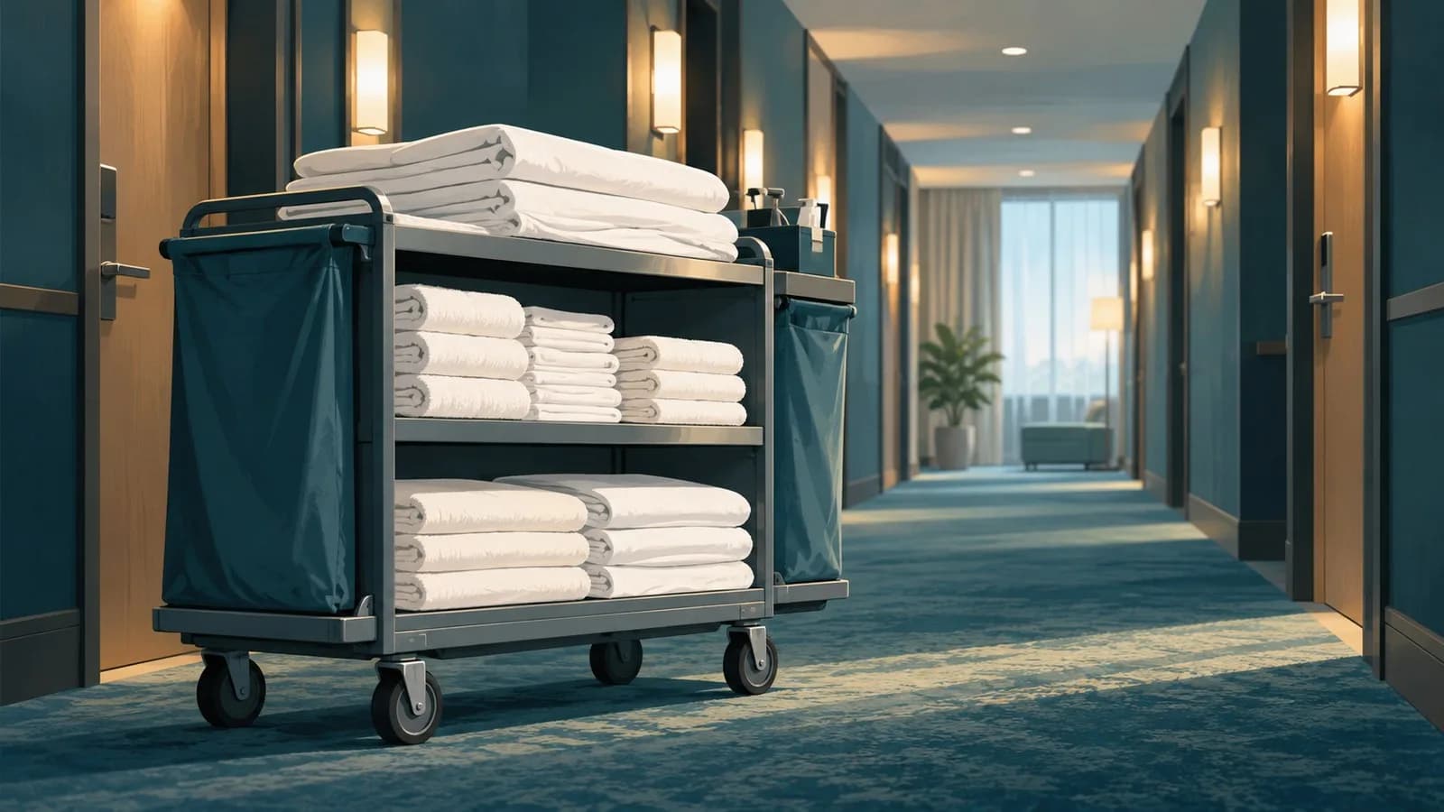 Reinigungswagen mit frischer Bettwäsche und Handtüchern auf einem Hotelflur