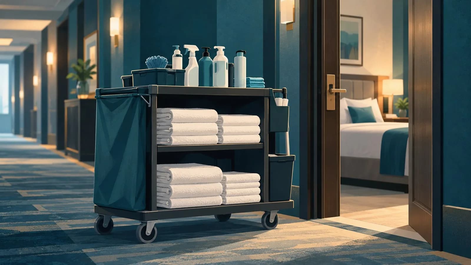 Ein Reinigungswagen mit Handtüchern und Reinigungsmitteln steht im Flur eines Hotels vor einer geöffneten Zimmertür.