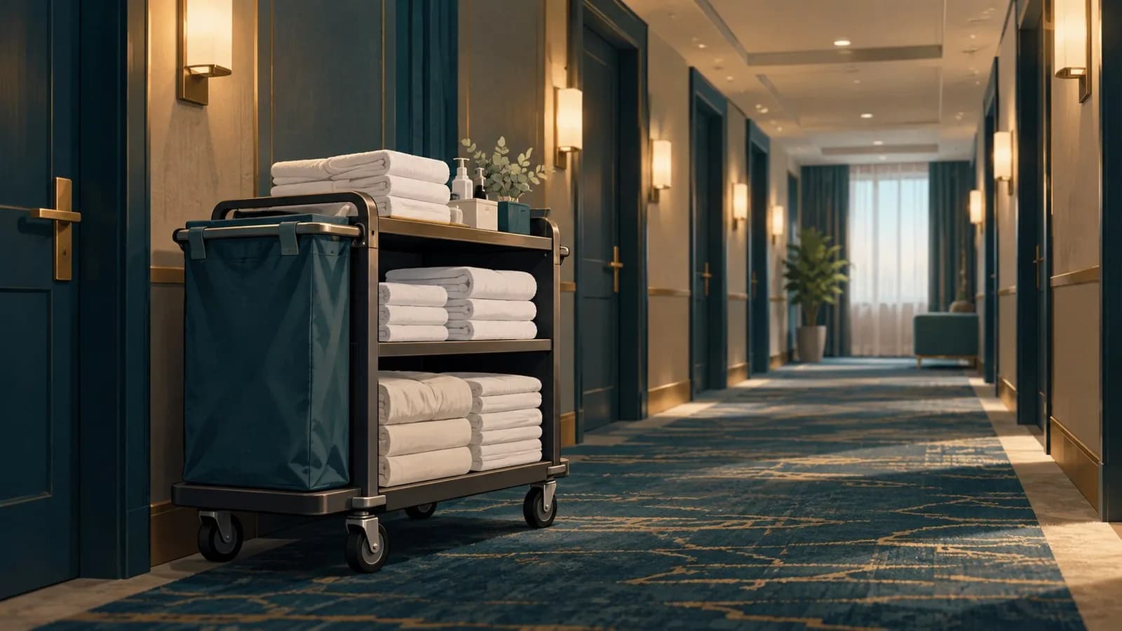 A hotel housekeeping cart with folded towels and fresh linen parked in a quiet hotel corridor.