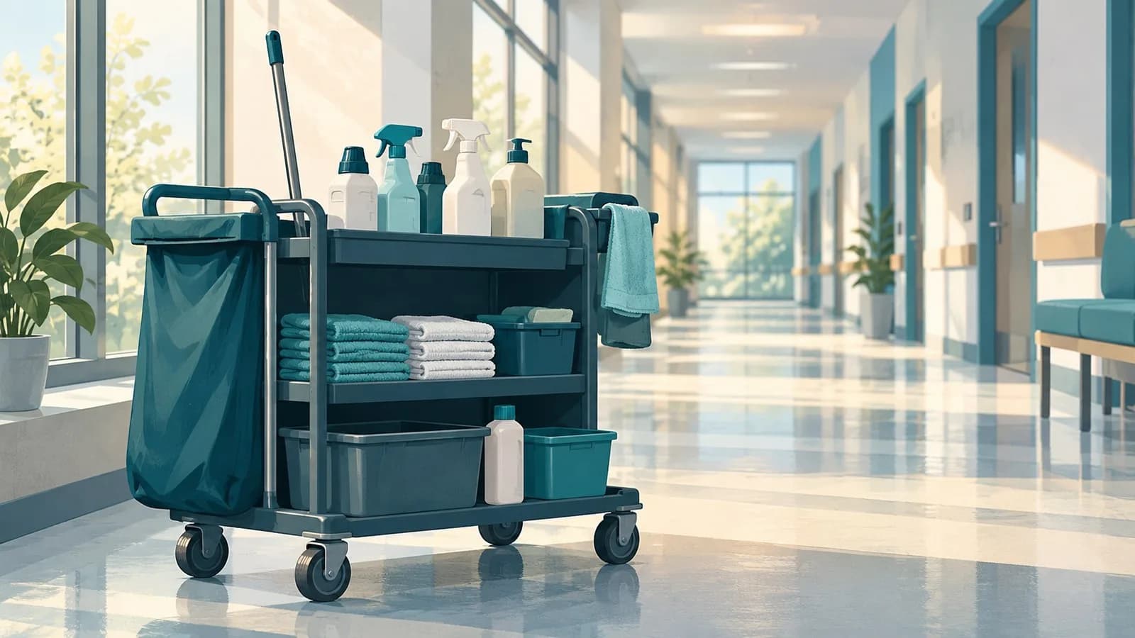 Reinigungswagen mit Tüchern und Reinigungsmitteln in einem hellen Flur eines Gebäudes