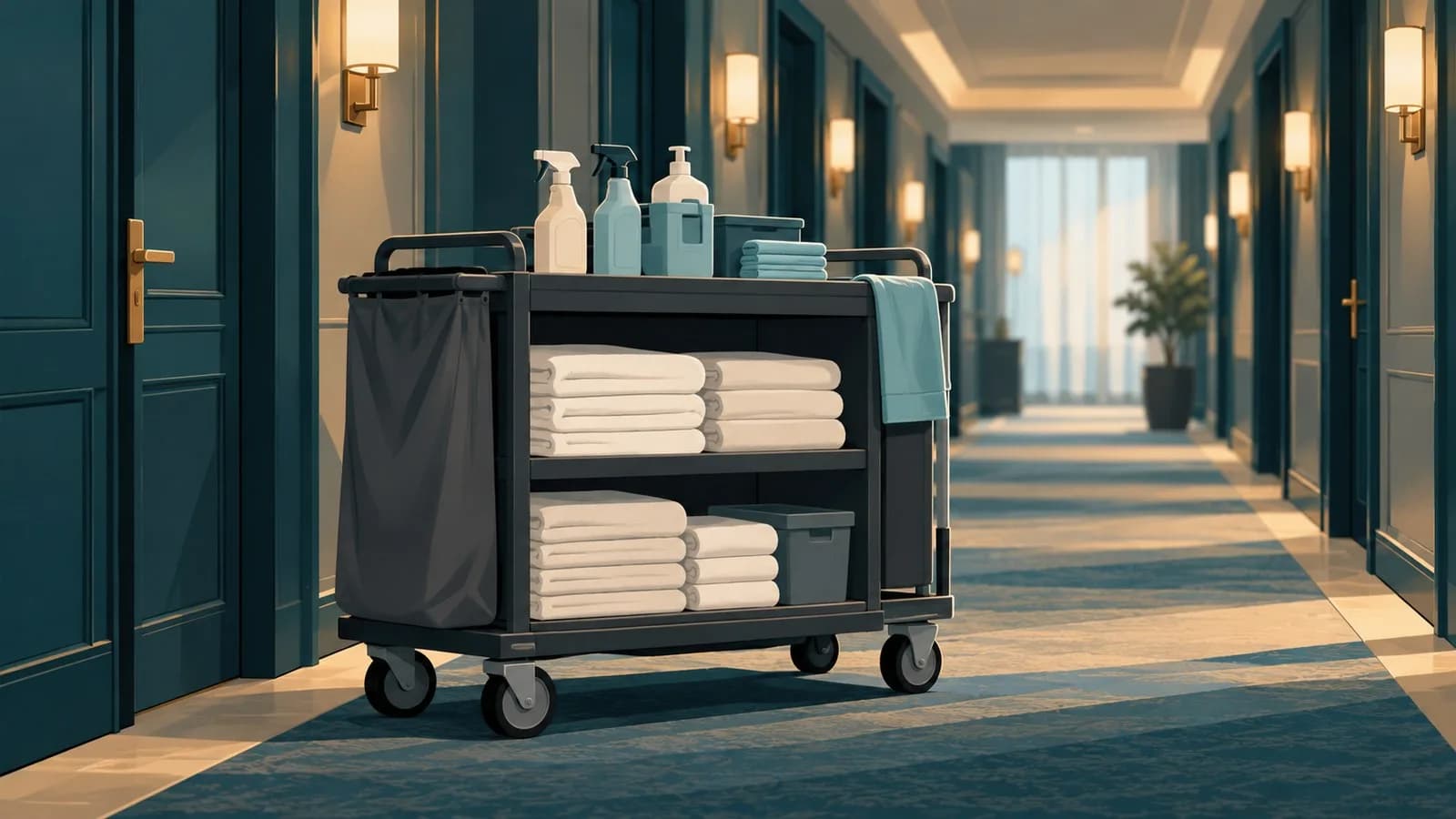 A hotel housekeeping cart with folded towels and cleaning supplies parked in a quiet hotel corridor.