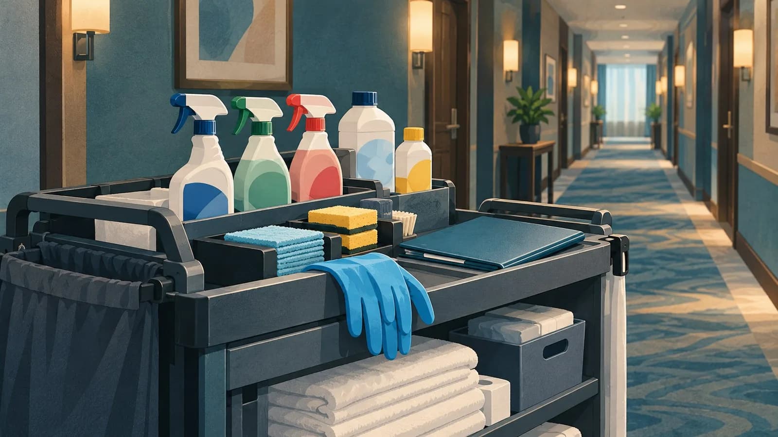 A hotel housekeeping cart with labeled spray bottles and cleaning supplies parked in a hotel corridor
