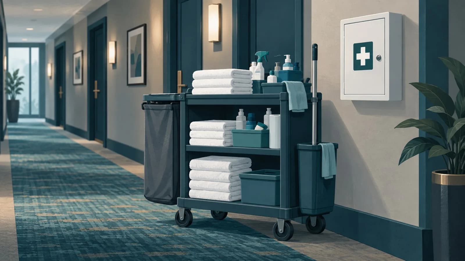 A housekeeping cart parked in a quiet hotel corridor beside a wall-mounted first aid cabinet.