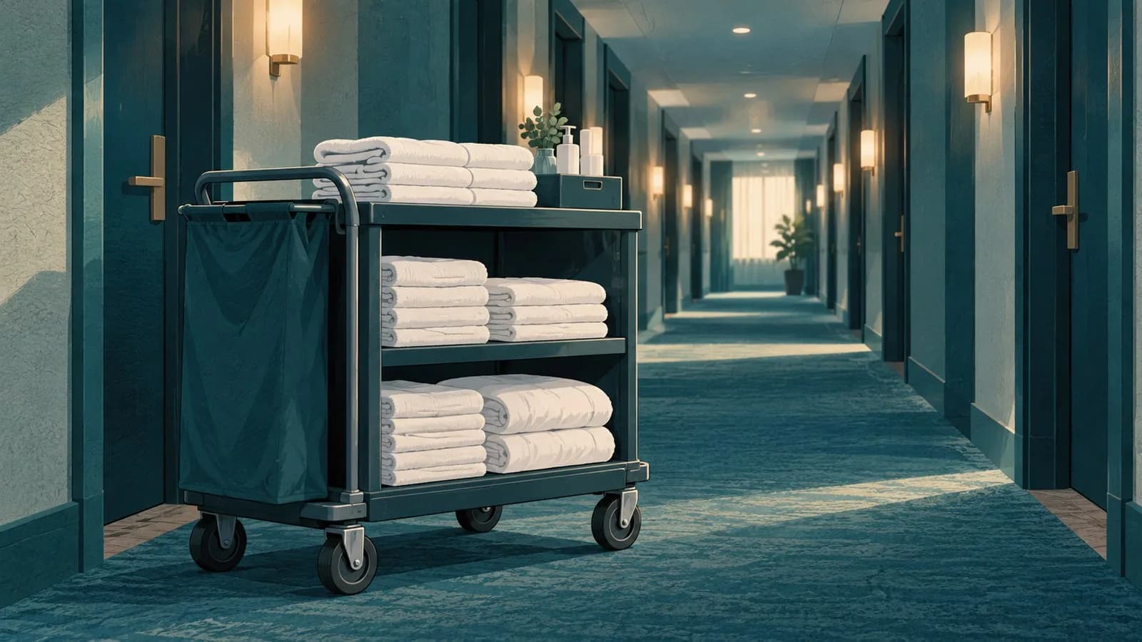A housekeeping cart with folded towels and fresh linen parked in an empty hotel corridor