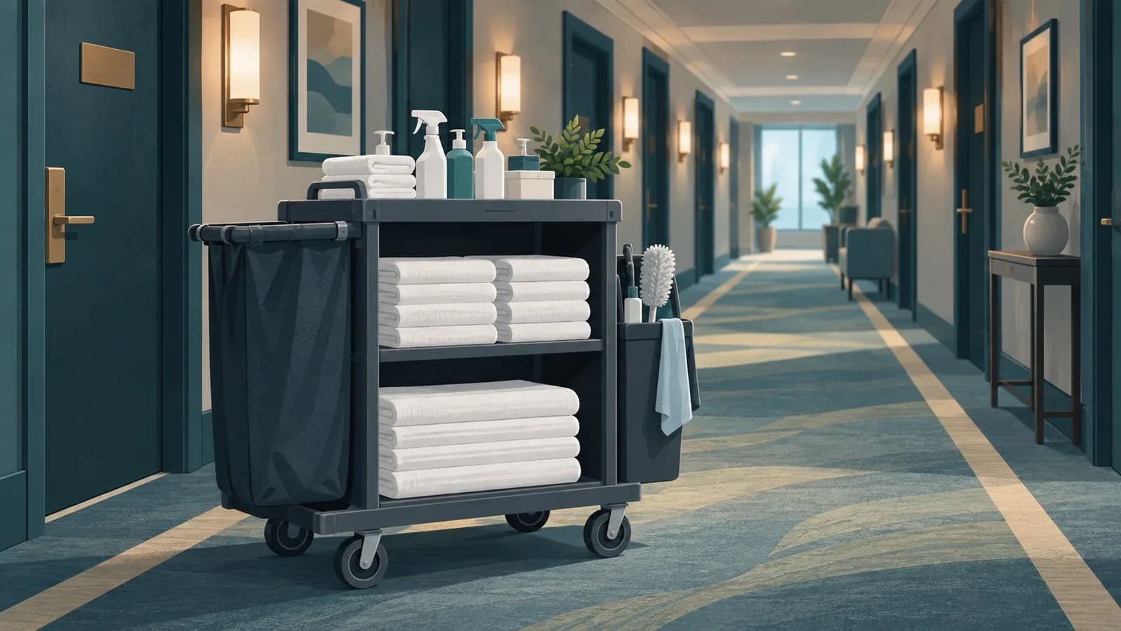 Housekeeping-Wagen mit gefalteten Handtüchern und Reinigungsmitteln auf einem Hotelflur