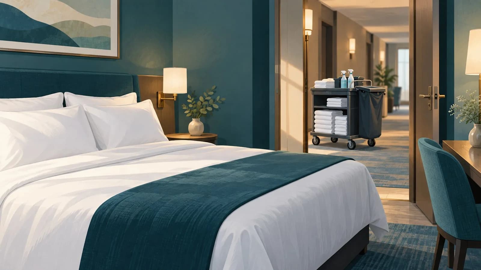 Hotelzimmer mit frisch bezogenem Bett und Reinigungswagen im Flur