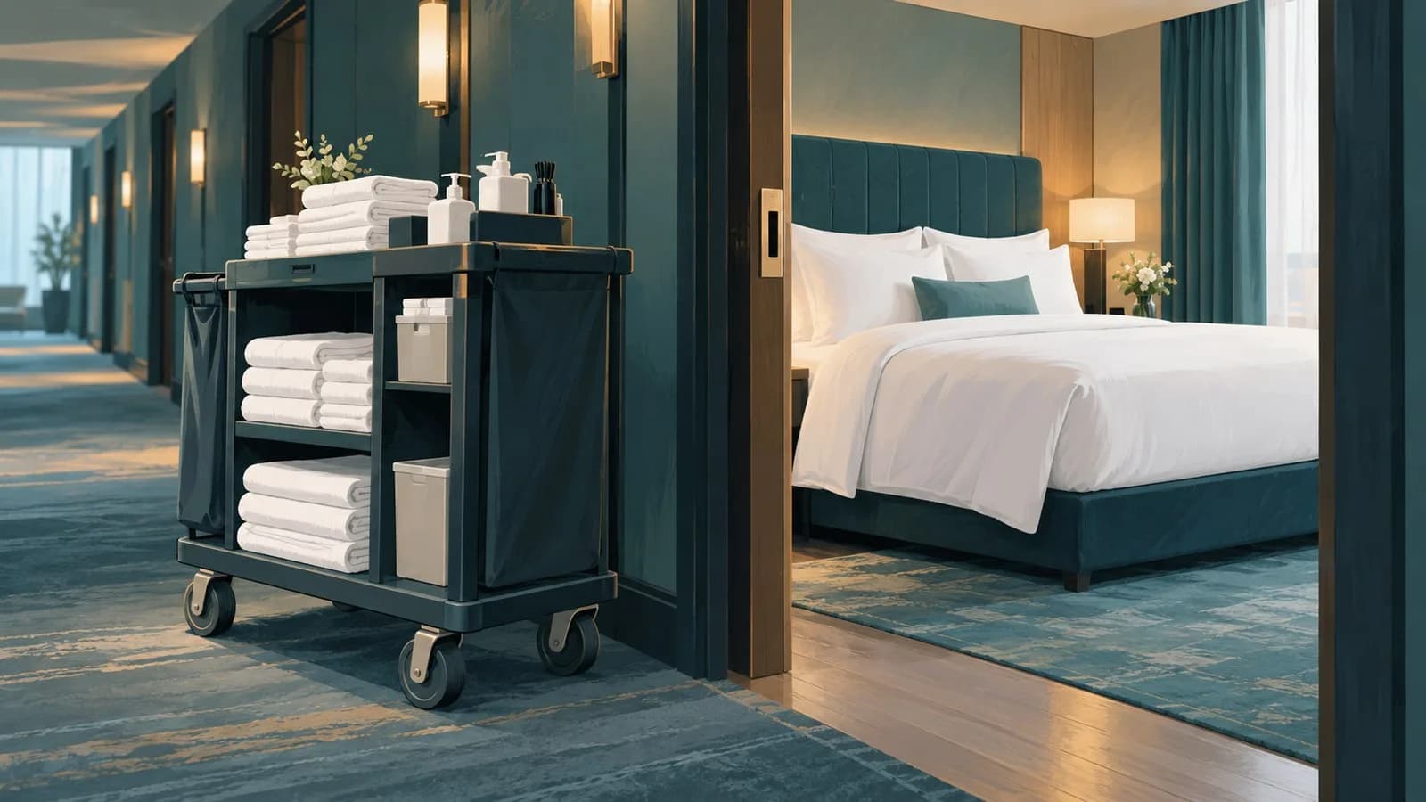 Ordentlich gemachtes Hotelbett mit frischer Wäsche neben einem Housekeeping-Wagen im Hotelflur