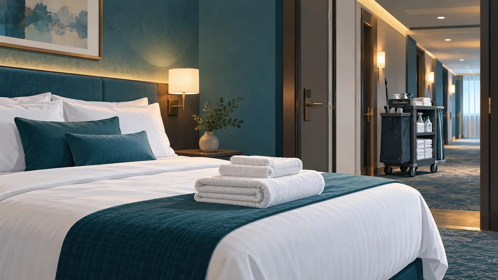 Frisch gemachtes Hotelbett mit gefalteten Handtüchern und einem Reinigungswagen im Flur