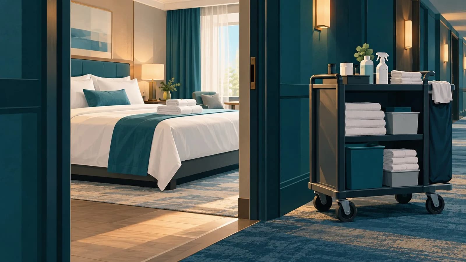 Frisch bezogenes Hotelbett mit gefalteten Handtüchern neben einem Reinigungswagen im Hotelflur